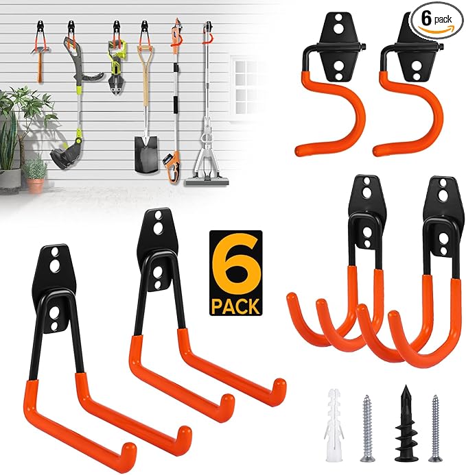 Donext Garage Hooks 6 Pack Heavy Duty Steel Utility Hooks for Hanging, Wall Mount Garage Storage Hooks for Tools, Ladders, Hanging Bikes, Bulky Items, Orange
