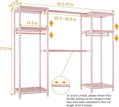Ulif E7 Garment Rack, Heavy Duty Clothes Storage System with Extendable Hangers Rods, Metal Clothing Rack with 6 Wire Shelves, (52.3"-72") W x 14.5" D x 71.2" H, Load 838lbs, Pink