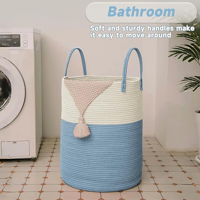JMvicyroam Large Woven Laundry Basket Hamper,100L Cotton Rope Storage Bin for Blankets,Toys and Clothes,Decorative Tall Nursery Hamper for Living Room,Baby Nursery,Bathroom and Bedroom,White and Blue