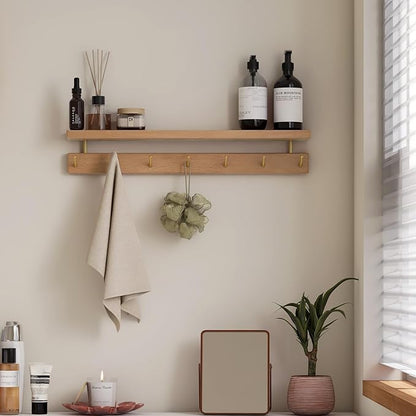 Solid Wood Wall Hooks with Shelf, Coat Rack Wall Mount, Entryway Hanging Shelf with 7 Brass Hooks for Hats, Clothes, Towels, Bags, Beech Wood, Natural
