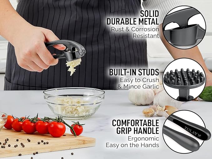 Zulay Kitchen Premium Garlic Press Set - Rust Proof Professional Garlic Mincer Tool - Easy-Squeeze, Easy-Clean with Soft, Ergonomic Handle - Silicone Garlic Peeler & Brush-Dark Gray