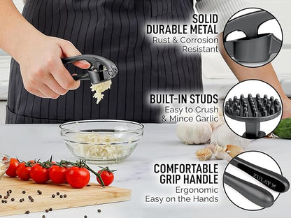 Zulay Kitchen Premium Garlic Press Set - Rust Proof Professional Garlic Mincer Tool - Easy-Squeeze, Easy-Clean with Soft, Ergonomic Handle - Silicone Garlic Peeler & Brush-Dark Gray