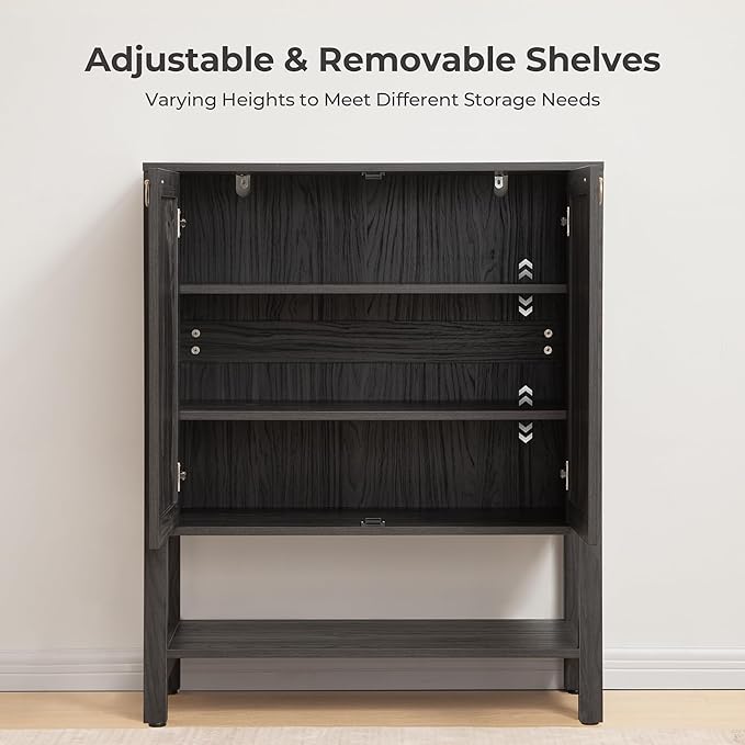 SICOTAS Rattan Shoe Storage Cabinet - 5 Tier Farmhouse Boho Shoe Storage Organizer Cabinet with Doors and Shelves, Tall Shoe Rack for Entryway, Hallway, Living Room, Closet (Obsidian)