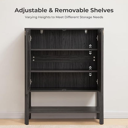 SICOTAS Rattan Shoe Storage Cabinet - 5 Tier Farmhouse Boho Shoe Storage Organizer Cabinet with Doors and Shelves, Tall Shoe Rack for Entryway, Hallway, Living Room, Closet (Obsidian)