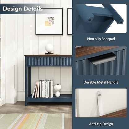 Set of 2 Console Table with Drawers, Modern 47.1" Entryway Table with Storage Shelf, Boho Narrow Skinny Behind Couch Wood Sofa Table for Living Room Hallway Entrance Foyer,Blue