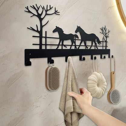Metal Horse Key Holder for Wall,Metal Key Organizer Wall Decorative with 7 Hooks,Black Wall Mount Key Holder for Entryway,Front Door,Hallway,Office