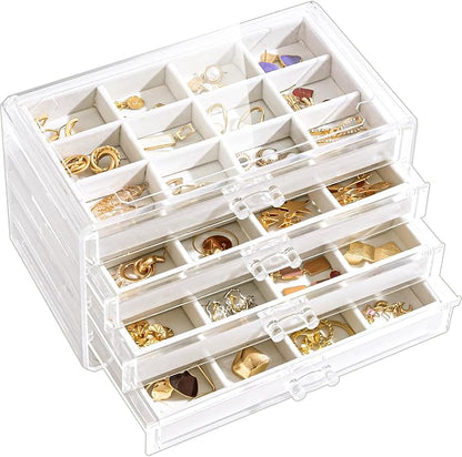 Lolalet Earring Holder Organizer Box Jewelry Storage with 4 Drawers, Clear Acrylic Stackable Earring Case with Adjustable Velvet Trays for Women on Dresser Vanity -Warmwhite, 4 Layers