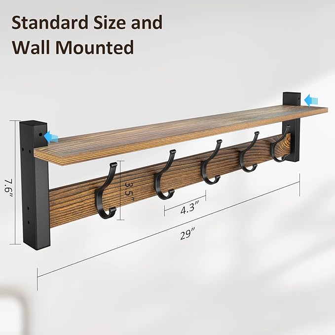 Coat Rack Wall Mount with Shelf, 29 Inch Coat Hanger Walls Mounted, Hat Rack for Walls, Shelf with 5 Coat Hooks, Wall Hanger for Entryway (Brown)
