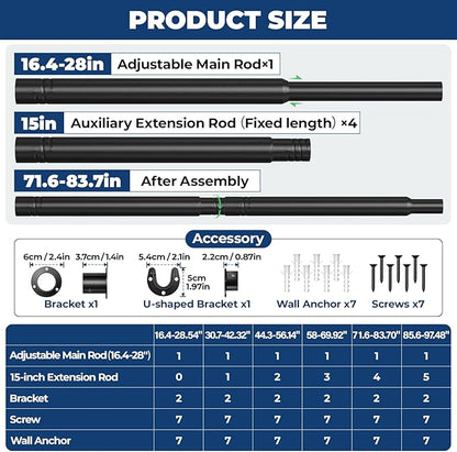 Mavivegue Closet Rod, 17 to 84 Inch Adjustable Closet Rods for Hanging Clothes, Heavy Duty Tension Rod, Black Curtain Rod, for Closet, Wardrobes, Bathroom, Laundry