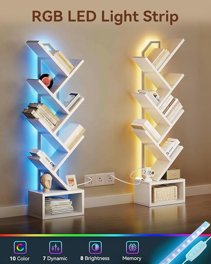 Casaottima Tree Bookshelf with LED Lights, 6-Tier Narrow Bookcase for Small Spaces, Tall Steel & Wood Storage Shelf with Cabinet, Home Decor & Organizer for Living Room/Bedroom/Home Office, White