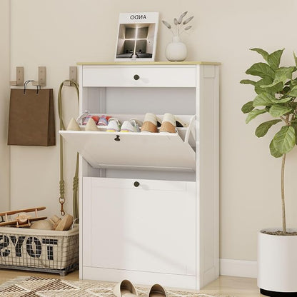 FTZxHKLX Shoe Cabinet with 2 Flip Drawers, Slim Wooden Hidden Shoe Organizer with Drawer, Pet-Proof Narrow Shoe Storage Cabinet for Entryway Living Room Behind The Door