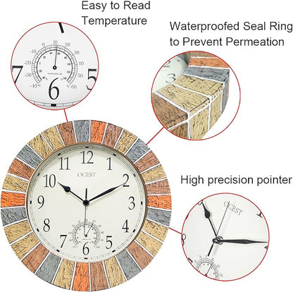 OCEST 13 Inch Indoor Outdoor Clock Waterproof with Thermometer, Weather-Resistant Non-Ticking Battery Operated Decor Clock for Patio, Pool, Lanai, Fence, Porch, Garden (Yellow)