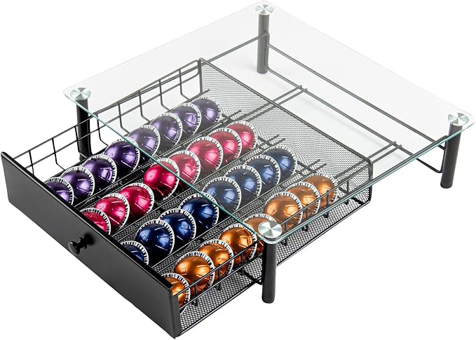 Restaurantware Restpresso 15.6 x 14.1 x 4.2 Inch Coffee Capsule Drawer 1 Heavy-Duty Pod Drawer - Holds 40 Nespresso Vertuo Capsules Glass Top Iron Espresso Pod Organizer Pods Not Included