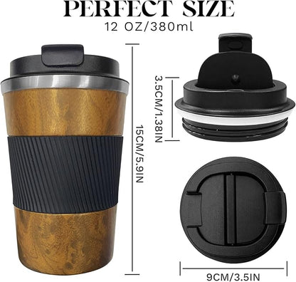 YINBAOGE Insulated Travel Coffee Mug, Spill & Leak Proof, Portable To Go Camping Stainless Steel Coffee Tumbler, Reusable Thermal Coffee Cup with Lid for Hot & Cold Drinks (Wood Grain, 12 OZ)