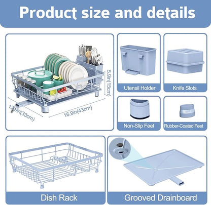 Dish Drying Rack - Space Saving Dish Rack - Dish Racks for Kitchen Counter with Drainboard,Rustproof Dish Drainer with Removable Utensil Holder,Blue