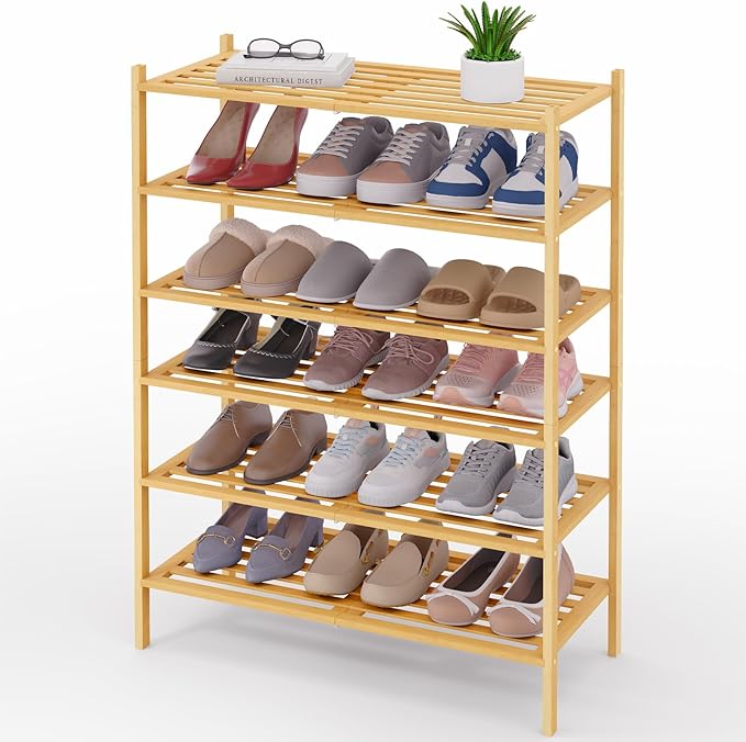 Smiry Bamboo Shoe Rack 6-Tier, Stackable Wooden Shoe Organizer for Entryway & Closet, Free Standing Wood Shoe Storage Shelf for Front Door & Small Spaces, Natural