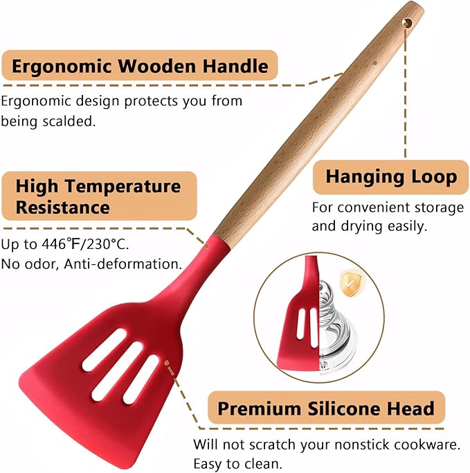 IOCBYHZ Kitchen Cooking Utensils Set 6Pcs Heat Resistant Silicone Kitchen Utensils Spatula Spoon Turner Ladle w Wooden Handle, BPA FREE Silicone Cooking Tool Gadget Set for Nonstick Cookware & Baking