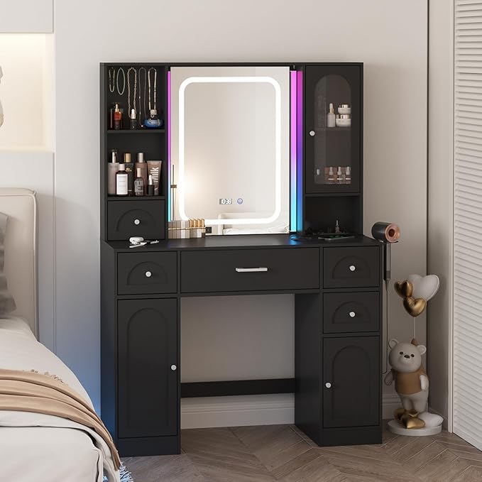 Fameill Black Makeup Vanity Desk with Lights,Makeup Vanity with RGB Lightsand Power Strip,Vanity Table with 5 Drawers Lots Storage & Time Display,3 Lighting Modes Vanity Mirror,41.3in(L)