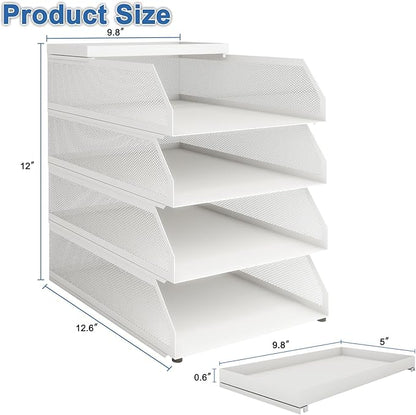 Natwind 4-Tier Stackable Paper Tray, Metal Mesh Desktop Organizer, Paper Sorter, Letter Trays,File Document Storage Rack for for Home, Office, School (White)