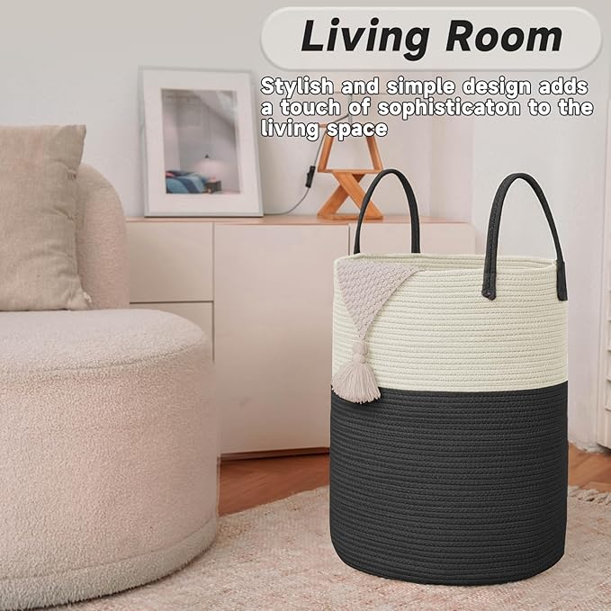 JMvicyroam Large Woven Laundry Basket Hamper,60L Cotton Rope Storage Bin for Blankets,Toys and Clothes,Decorative Tall Nursery Hamper for Living Room,Baby Nursery,Bathroom and Bedroom,White and Black