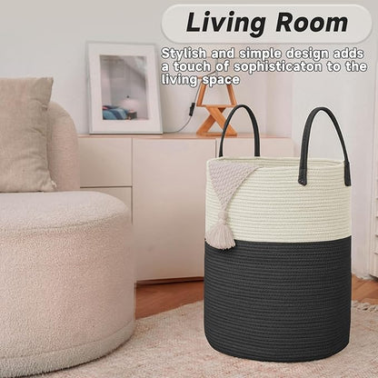 JMvicyroam Large Woven Laundry Basket Hamper,60L Cotton Rope Storage Bin for Blankets,Toys and Clothes,Decorative Tall Nursery Hamper for Living Room,Baby Nursery,Bathroom and Bedroom,White and Black