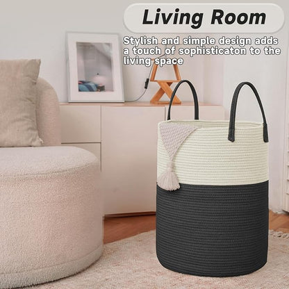 JMvicyroam Large Woven Laundry Basket Hamper,60L Cotton Rope Storage Bin for Blankets,Toys and Clothes,Decorative Tall Nursery Hamper for Living Room,Baby Nursery,Bathroom and Bedroom,White and Black
