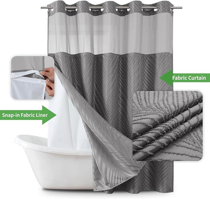 no Hook Shower Curtain and Liner Set，Boho Style with See Through Top Window, Grey Fabric Tufted Striped Textured Outer Curtain & Waterproof Inner Liner, Grey/Gray, 71Wx98H