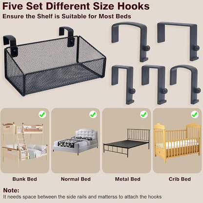 Bedside Shelf Bunk Bed Organizer Shelf Hanging Storage Metal Basket Phone Holder for Bedroom,Dorm,Office - Easy Use for Both Adult and Kids (White)