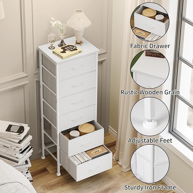 Fixwal White Tall Dresser for Bedroom Closet Organizers and Storage Tall Fabric Dresser with 6 Drawers, Small Clothes Storage Girl Bedroom Furniture