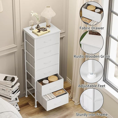 Fixwal White Tall Dresser for Bedroom Closet Organizers and Storage Tall Fabric Dresser with 6 Drawers, Small Clothes Storage Girl Bedroom Furniture