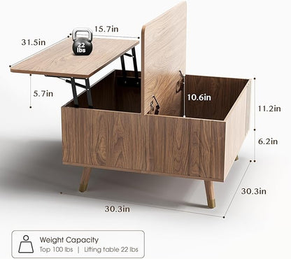 SULIVES Lift Top Coffee Table with Storage,Square Coffee Table with Lifting Top,Modern Center Table with Solid Wood Legs,Small Coffee Tables for Living Room,Walnut