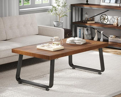 IBF Natural Wood Coffee Table, Rustic Solid Wood Center Table for Living Room, Rectangle Metal and Real Wooden Tea Table, Modern Industrial Minimalist Wooden Cocktail Tables, Rustic Brown, 47 Inch