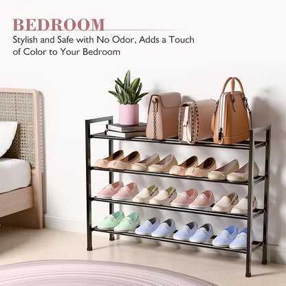 Bumusty 4-Tier Expandable Shoe Rack for Closet, 18“-33” Adjustable Shoe Rack for Small Space, Small Shoe Organizer for Front Door, Sturdy Metal, Black