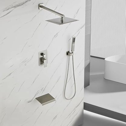Brushed Nickel Rainfall Shower Faucet Set with Tub Spout 12 Inch, Shower Head and Handle with 2 Hooks for Bathroom Rain Shower and Handheld Shower System Square Wall Mount