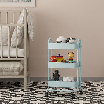Metal Rolling Cart,3-Tier Metal Rolling Cart with Wheels,3 Tier Utility Cart with Wheels for Office,Home,Kitchen,Garden（13.4"x18.1"x31"） Blue