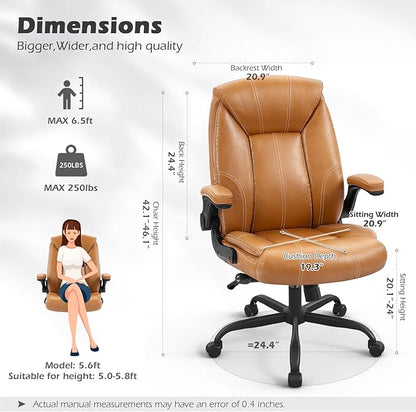 YAMASORO Executive Office Chair,Big and Tall Ergonomic Desk Chair with Adjustable Lumbar Support,Breathable PU Leather Computer Chair wih Flip-up Arms and Wheels, Camel