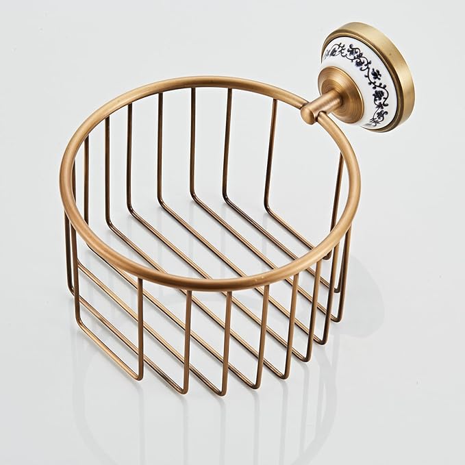 Bathroom Storage, NEWRAIN Wall Mounted Toilet Roll Holder Basket, Antique Brass Toilet Paper Storage Rack, Vintage Bathroom Organizers