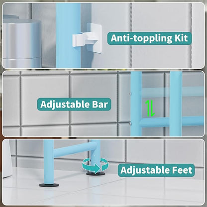3-Tier Over The Toilet Storage Organizer, Space-Saving Bathroom Rack with Paper Holder & 4 Hooks, 64" Tall Freestanding Carbon Steel Shelf for Small Apartment Laundry Room (Blue)
