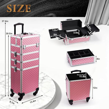 Stagiant Rolling Makeup Train Case Cosmetology Case on Wheels 4 in 1 Large Cosmetic Organizer Box Makeup Travel Case with Key Swivel Wheels Nail Artist Salon Storage Traveling Cart Big Trunk Pink