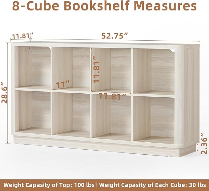 8 Cube Storage Bookcase, 52" Long Horizontal Book Shelf w/Curved Edge, Wood Low 2-Tier Cubby Console Bookshelf with Base, Modern Floor Standing TV Stand for Living Room, Grey-White Cream Oak