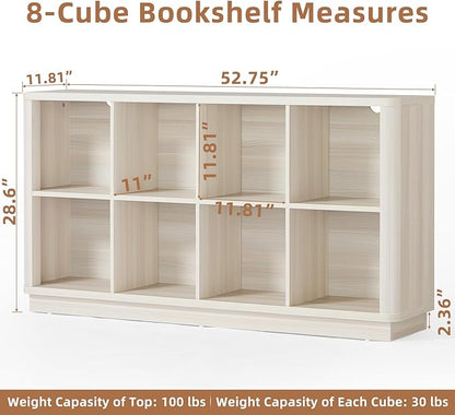 8 Cube Storage Bookcase, 52" Long Horizontal Book Shelf w/Curved Edge, Wood Low 2-Tier Cubby Console Bookshelf with Base, Modern Floor Standing TV Stand for Living Room, Grey-White Cream Oak