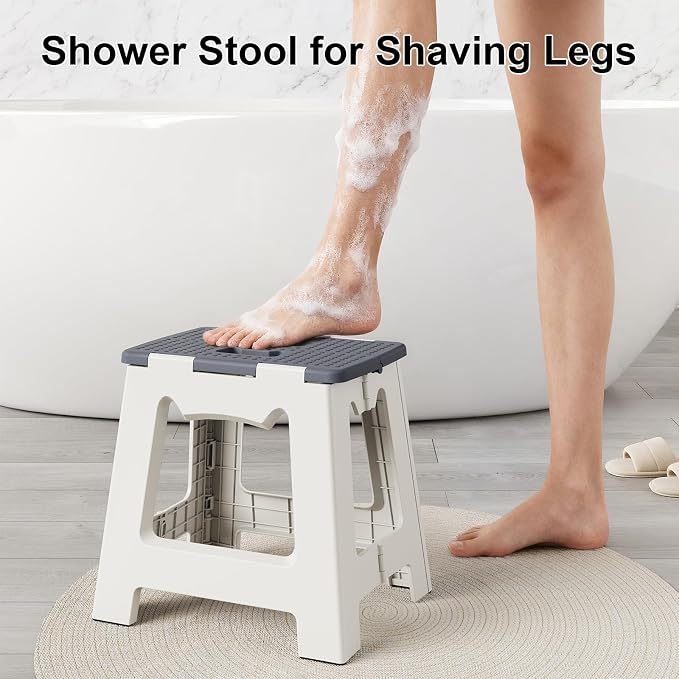 Foldable Shower Stool for Shaving Legs, Plastic Foot Rest Stools to Shave Leg, Folding Small Corner Step Seat for Inside Shower, Collapsible Bench Chair for Travel/Bathroom, Waterproof,13" Height