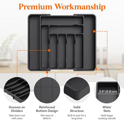Lifewit Utensil Organizer for Kitchen Drawer, Expandable Cooking Silverware Tray, Adjustable Cutlery Flatware Holder, Plastic Spatula Tools Storage Divider, 11.8-19.6 x 15", Black
