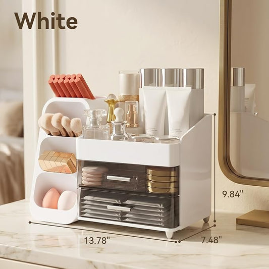 Brothersbox Makeup Organizer with Brush Holder for Vanity, Large Countertop Skincare Storage with 2 Drawers, Holds Lipsticks, Nail Polishes, Perfumes, Brushes - Gift for Women, White