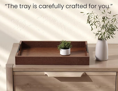 Fibogollo Bamboo Serving Tray with Metal Handles,17x12in Ottoman Decorative Trays Platter for Coffee Table,Living Room,Bar,Party,Large(Brown)