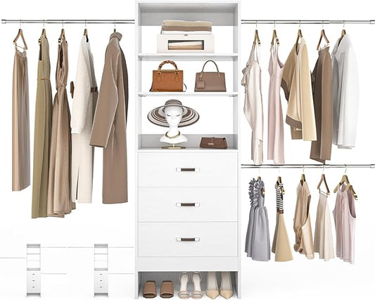 Besiost 96'' Closet Organizer System with 3 Hanging Rods, 8FT Closet Organizers and Storage with 3 Wooden Drawers, Built in Closet Organizer Systems, Adjustable Walk-in Wardrobe from 5-8FT, White