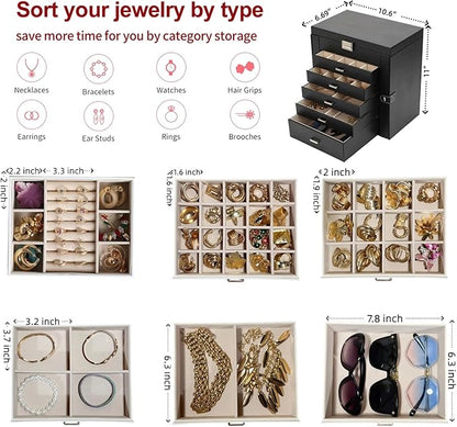 BOOVO Jewelry Box For women, 6 Layer Large Jewelry Organizer With Mirror, Multi-Function Storage Box With Lock, Necklace Holder With 5 Drawers, For Earrings Necklace Bracelet (Silver and Black)