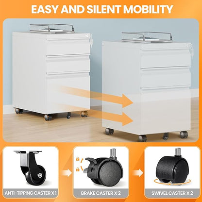 3 Drawer Mobile File Cabinet with Lock, Rolling File Cabinets for Home Office, Under Desk Small File Caninet on wheels, Metal Vertical White Filing Cabnet for Legal/Letter/A4 - Assembly Required
