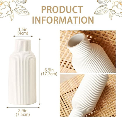 Bohemian White Ceramic Vase - for Pampas Grass, Mantel, Bookshelf, Entryway and Living Room Decor (White, 7in)