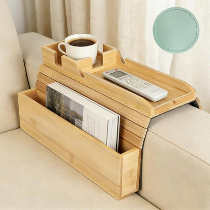 Bamboo Foldable Sofa Armrest Tray with Storage, Anti-Slip Cup Holder & Coaster, Splash-Proof Remote Caddy for Snacks and Phones.Fits 4-6 Inch Flat and Mini Curved Sofa Armrest for Home Living Room